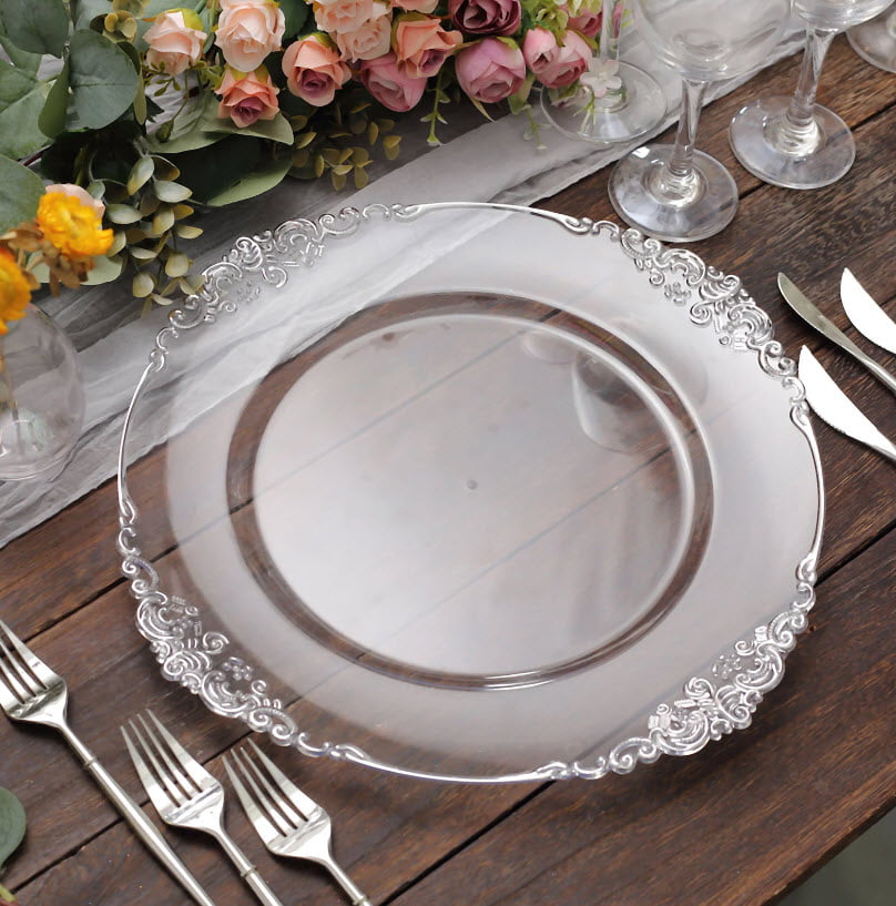 Clear Silver Round Charger Plate – Antique Design Rim