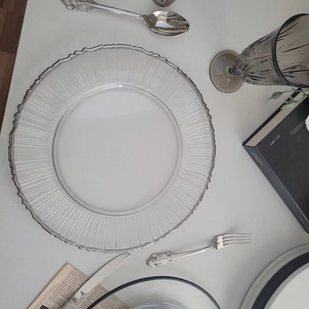 Sunray Wavy Clear Silver Rim Glass Charger Plate